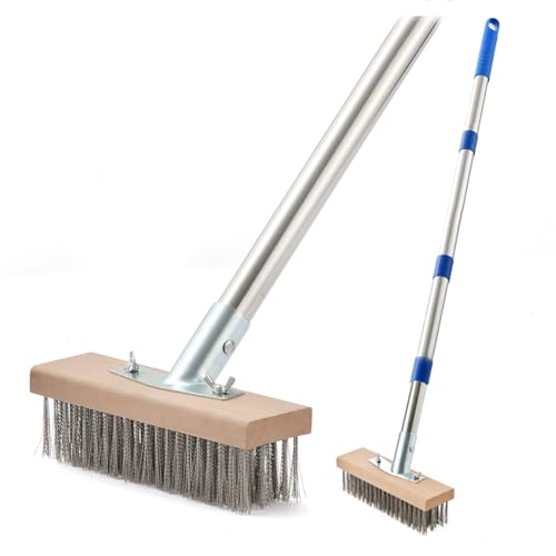 MAXMAN Stainless Steel Wire Scrub Brush with Long Handle, 63" Heavy Duty Large Wire Brush, Stiff Metal Bristle Floor Scrubber, Outdoor Patio Cleaning, Wire Broom for Deck, Concrete, Moss Removal - size: With 1PC 8-inch brush head