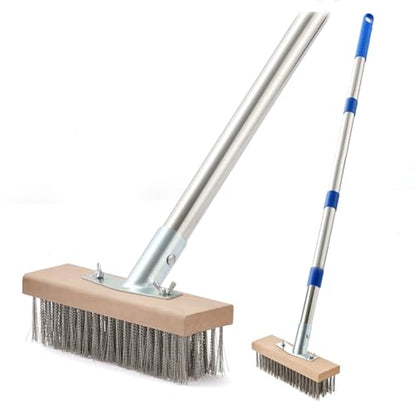 MAXMAN Stainless Steel Wire Scrub Brush with Long Handle, 63" Heavy Duty Large Wire Brush, Stiff Metal Bristle Floor Scrubber, Outdoor Patio Cleaning, Wire Broom for Deck, Concrete, Moss Removal - size: With 1PC 8-inch brush head