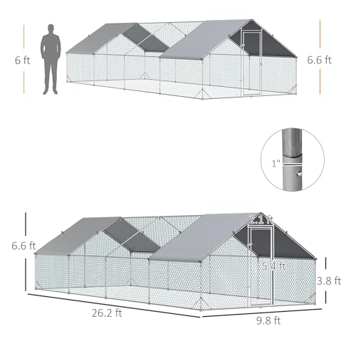 PawHut Large Chicken Coop Metal Chicken Run with Waterproof and Anti-UV Cover, Spire Shaped Walk in Fence Cage Hen House for Outdoor and Yard Farm Use, 1" Tube Diameter, 9.8' x 26.2' x 6.6' - size: 9.8' x 26.2' x 6.6'