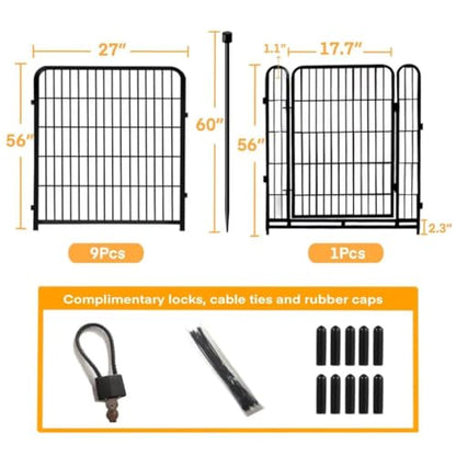 Getlay 56in(H) Garden Fence, 10 Panels Total 22.1 Ft(L), Garden Fence with Low Threshold Gate, Anti Dig Fence Barrier, Fencing for Garden Beds, Black Metal Decorative Garden Fencing - size: 56''(H)-10panels-22.1ft(L)