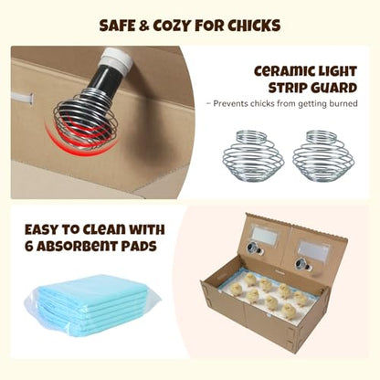 AsFrost 33" Extra Large Chick Brooder Box for 40 Chicks, Dual 75W No-Light Ceramic Heat Lamps, Adjustable Thermostat, 6 Waterproof Pads, Poultry Brooder for Quail, Rabbits & Reptiles