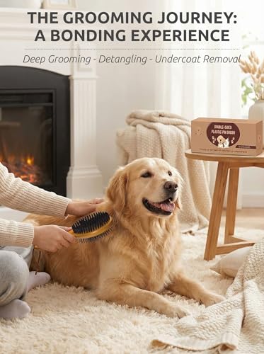 TAKAVU Pin & Bristle Pet Brush for Dogs & Cats - Double Sided Grooming Tool Detangles, Removes Loose Hair & Conditions Coat - Wood Handle - color: Black Boar Bristle & Pin Brush