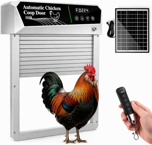 Automatic Chicken Coop Door Solar Powered, Roll-Up Auto Chicken Door Opener with Light Sensor, Timer & Remote Control, Large Opening, Anti-Pinch Safety, Aluminum Weatherproof for Chickens & Ducks