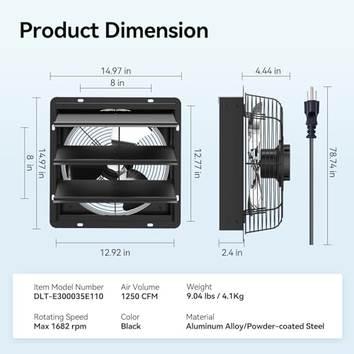 addlon 12 Shutter Exhaust Fanwith Remote Control, 8 Speeds 25W Energy Efficient DC Motors, 1200CFM, 8-Hour Timer, Garages/Greenhouse/Attic/Chicken Coop Ventilation Fan,Low Noise, Plug & Play - size: 12 inch