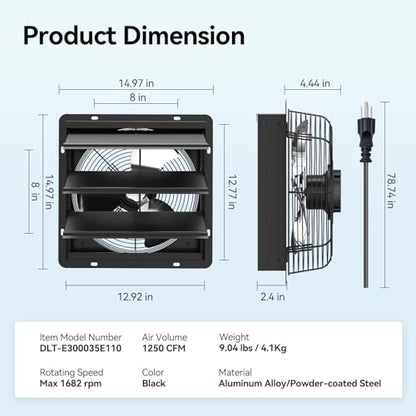 addlon 12 Shutter Exhaust Fanwith Remote Control, 8 Speeds 25W Energy Efficient DC Motors, 1200CFM, 8-Hour Timer, Garages/Greenhouse/Attic/Chicken Coop Ventilation Fan,Low Noise, Plug & Play - size: 12 inch