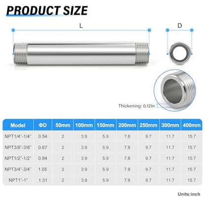 TAILONZ PNEUMATIC 1/2" NPT Male x 1/2" NPT Male 304 Stainless Steel Pipe Nipple, 12" Length Thickened Cast Pipe Fitting, Threaded Connector（Pack of 3） - color: 12"(300MM)Thickened, size: 1/2"MNPT