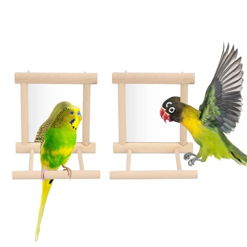 Wontee Bird Mirror Bird Toys for Budgies Parakeets Cockatiels Lovebirds Conures (2pcs-Wood Color) - color: 2pcs-Wood color