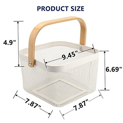 Yopay Mesh Steel Fruit Basket Bin with Wood Handle, White Hanging Storage Organizer, Farmhouse Harvest Gardening Basket for Cabinets, Cupboards, Shelves, Bathroom, Picnic, Shopping