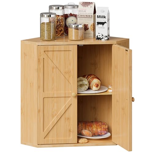 Trironsun Corner Bread Box for Kitchen Counter Double Layer Bamboo Bread Storage Container Large Capacity Bread Storage Bin Farmhouse Breadbox Organizer (Bamboo Natural) - color: Bamboo Natural