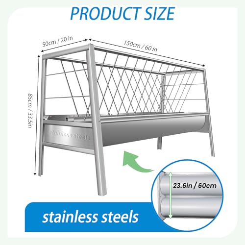 90 Gallon Goat Hay Feeder No Waste, 2 in 1 Hay Feeder for Goats with 30-GAL Feed Pan & 60-GAL Hay Rack, Livestock Hay Feeder for Feeding Goat, Sheep, Horse Indoor & Outdoor (Stainless Steel) - style: Stainless Steel