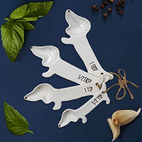VOTUM White Dachshund Ceramic Measuring Spoon Set – Set of 4 Cute Weiner Dog Themed Kitchen Baking Tools – Gift for Dog Lovers - color: Dog Measuring Spoons