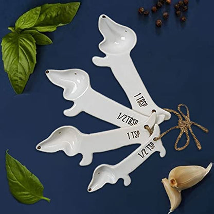 VOTUM White Dachshund Ceramic Measuring Spoon Set – Set of 4 Cute Weiner Dog Themed Kitchen Baking Tools – Gift for Dog Lovers - color: Dog Measuring Spoons
