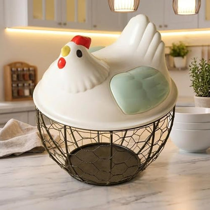 Chicken Egg Basket Metal Iron Wire Egg Collection Basket Vegetable Fruit Basket Farmhouse Decorative Storage with Ergonomic Handles Suitable for, Green Lid