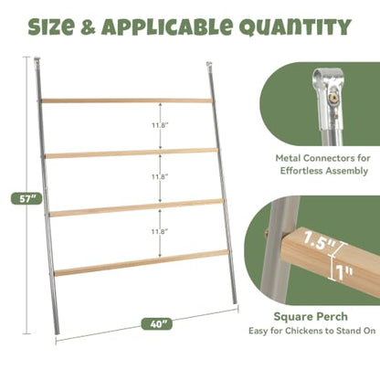 Chicken Roosting Bar for Coop, 57" L x 40" W 4-Tier Square Wood | Galvanized Rustproof Frame, Waterproof Finish, Easy Assembly, Backyard Flock