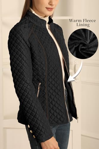 Bellivera Women's Stand Collar Lightweight Quilted Puffer Jacket | Casual Padded Zip Long Sleeve Coat for Spring and Winter with Pockets - color: Black, size: Medium