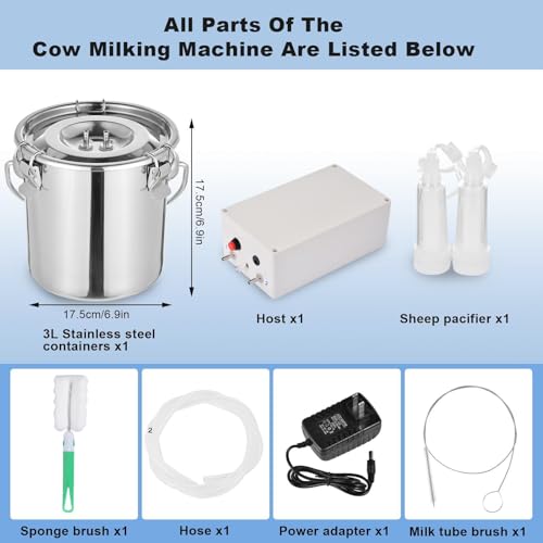 Electric Goat Milking Machine Portable Milker with Silicone Teat Cups & Pulsation System Food Grade 3L Bucket Hands-Free Operations for Cow Goat Dairy