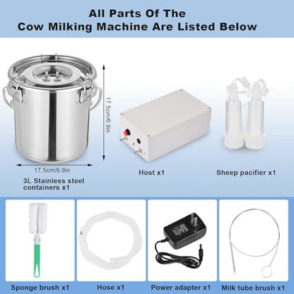 Electric Goat Milking Machine Portable Milker with Silicone Teat Cups & Pulsation System Food Grade 3L Bucket Hands-Free Operations for Cow Goat Dairy