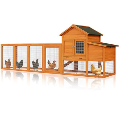 122" Large Chicken Coop Wooden Backyard Hen House - Indoor Outdoor Poultry Pet Hutch Garden Backyard Cage 2 Story Poultry Cage with Run, Chicken Nesting Box, Pull Out Trays and Anti-Slip Asphalt Ramp - color: Natural
