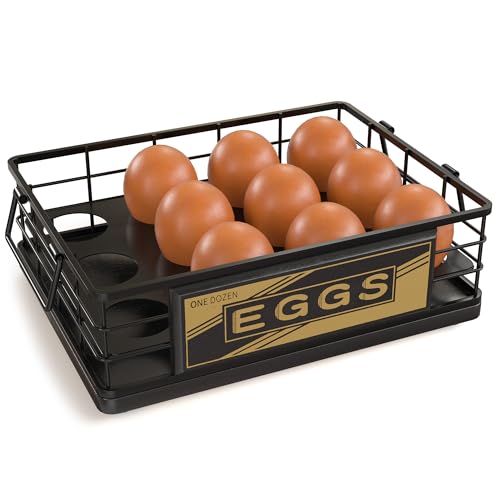 Farmhouse Wooden Egg Holder Countertop, Oak Wood & Metal Egg Basket with Handles for Fresh Eggs, Stackable Rustic Egg Tray Organizer for Kitchen Counter, Holds 12 Eggs, Farm Fresh Egg Storage (Black) - color: Black & Black
