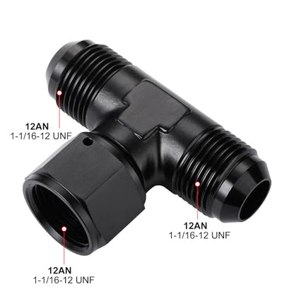 12AN Male Flare Tee T Fitting Adapter with AN12 Female Swivel On Side Aluminum Black - size: 12AN