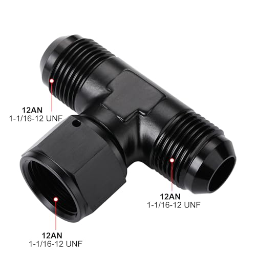 12AN Male Flare Tee T Fitting Adapter with AN12 Female Swivel On Side Aluminum Black - size: 12AN