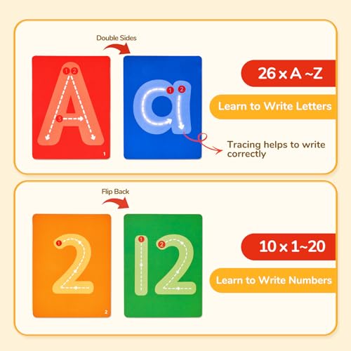 JoyCat Wooden Letter Tracing Board for Toddlers 3-5, Magnetic Alphabet & Number Writing Practice Board with 36 Double-Sided Cards, Reusable Preschool Handwriting Toy, Travel Learning Activity