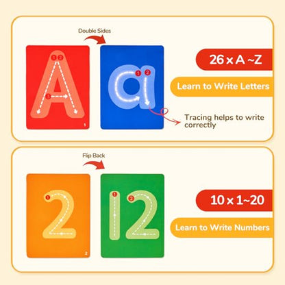 JoyCat Wooden Letter Tracing Board for Toddlers 3-5, Magnetic Alphabet & Number Writing Practice Board with 36 Double-Sided Cards, Reusable Preschool Handwriting Toy, Travel Learning Activity