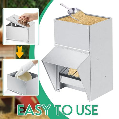Uiifan 2 Pcs 25 lb Galvanized Chicken Feeder Weatherproof Poultry Metal Food Dispenser with Lid Chicken Duck Food Dispenser Rat Proof Feeder for Poultry Geese Quails Bantams Ducks and Turkey - size: 25 lb