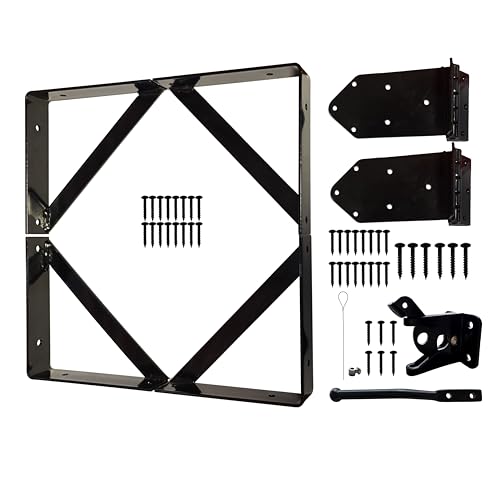 Heavy Duty Anti-Sag Gate Frame Kit Corner Brace Bracket with Self-Locking and 3.5'' Heavy Door Hinges Latch for Wooden Fence, Driveway, Shed & Corral Gates Rust-Proof Black Hardware