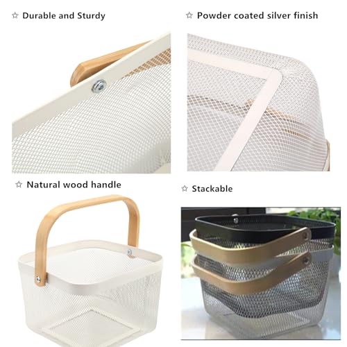 Yopay Mesh Steel Fruit Basket Bin with Wood Handle, White Hanging Storage Organizer, Farmhouse Harvest Gardening Basket for Cabinets, Cupboards, Shelves, Bathroom, Picnic, Shopping