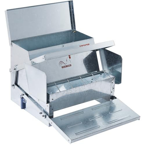 VEVOR Poultry Feeder, 25lbs Capacity, Feed Chicken Feeder with Lid & Lock, Outdoor Coop Food Dispenser, No Waste, Weatherproof Galvanized Metal Feeder for Ducks, Geese