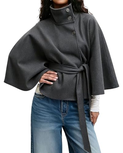 CHARTOU Women Batwing Sleeve Ponchos Pea Coat Wool Stand Collar Belt Capes Jacket Winter Cropped Overcoat - color: Grey, size: X-Small