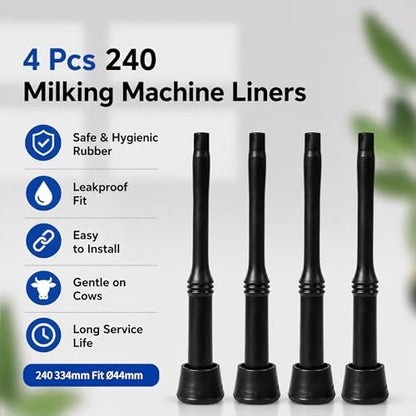 4 Pcs 240 Milking Machine Liners Replacement 334mm, Black Safe & Hygienic Soft Rubber Teat Cup Liners for Cow Milking Machine, Fit Ø44mm Cup Shell for Dairy & Livestock - size: 240 334mm Fit Ø44mm