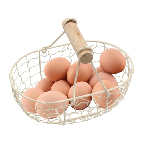 Oval Chicken Wire Egg Basket, Vintage Wire Basket with Wooden Handle for Fruit Vegetable Bread, Egg Collecting Baskets for Fresh Eggs for Farmhouse Kitchen Counter-top, Can Hold 12 Eggs - color: White
