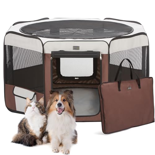 DONORO Dog Playpen Portable Pet Play Pens for Small Dog/Cat/Rabbit/Chicks, Cat Playpen Indoor/Outdoor with Carring Case, Removable Zipper Top and Bottom (Brown, Medium (35"x35"x20"), 8) - color: Brown, size: Medium (36"x36"x20")