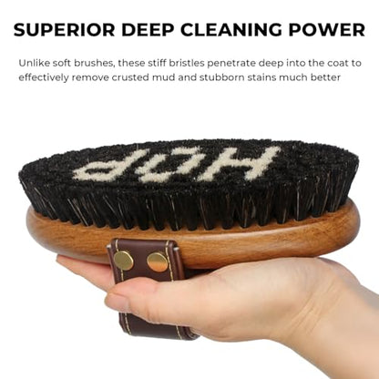HOP Professional Equine Stiff Body Brush – Heavy Duty Mud & Sweat Remover – Natural Hard Bristles with Ergonomic Wood Handle – Adjustable Leather Strap for Grooming Horses & Livestock