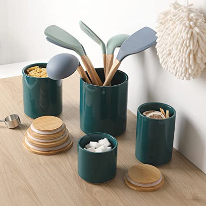 Sweejar Kitchen Canisters Ceramic Food Storage Jar Set, Stackable Containers with Airtight Seal Wooden Lid for Serving Ground Coffee, Tea, Herbs, Grains, Sugar, Salt - Set of 4 (Jade) - color: Jade, style: Set of 4(Classic Style)