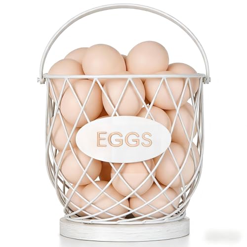 Chicken Egg Basket for Gathering Fresh Eggs with Metal Handle, Wire Egg Collecting Basket with Wooden Base, Round Egg Holder Countertop, Vintage Rustic Farmhouse Kitchen Decor Fruit Storage,White - color: White