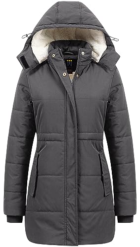 CREATMO US Women's Thicken Sherpa Winter Coat Puffy Warm Snow Jacket With Removable Hood - color: Dark Grey, size: XX-Large