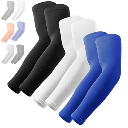 OutdoorEssentials UV Sun Sleeves for Men & Women, Cooling Arm Sleeves UPF 50+ | Golf, Tattoo Cover Up, Sun Protection - color: (3 Pairs): 1 Black, 1 Blue, 1 White