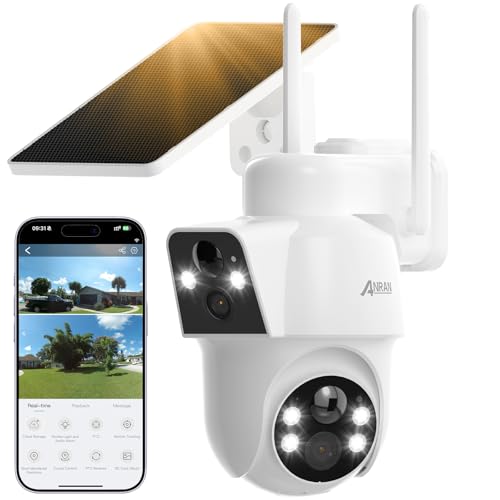 ANRAN Dual-Lens Solar Security Camera, 3MP Wireless Outdoor Camera for Home Security, 100% Wire-Free with Solar Panel, Color Night Vision, Motion Detection, 2.4GHz WiFi, IP66 Weatherproof - color: Dual Lens-1 Pack-White