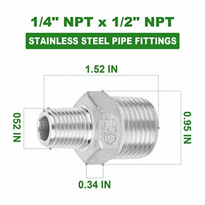 TAISHER 5PCS Cast 304 Stainless Steel Hex Nipple, Reducer Pipe Fitting 1/2-Inch Male Pipe x 1/4-Inch Male Pipe - size: 1/2" NPT x 1/4" NPT