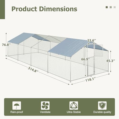 Large Metal Chicken Coop,19.7x9.8x6.4 FT Chicken Run for Yard with Waterproof & Anti-UV Cover,Walk in Chicken Pen with Feeding Door (26.2 * 9.8 * 6.4 ft) - size: 314.8"L x 118.1"W x 76.8"H