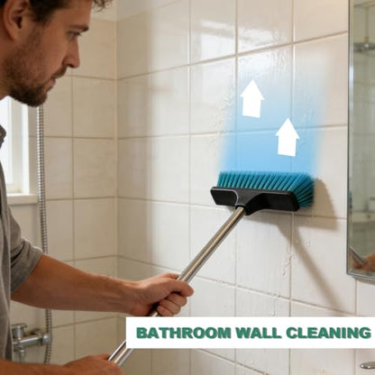 Small Floor Scrub Brush with 4-Section Stainless Steel Handle, 52" Adjustable Long Handle, 5-Row Dense Flagged Bristles, for Tile, Bathroom, Patio, Indoor & Outdoor Cleaning (Black+Green)