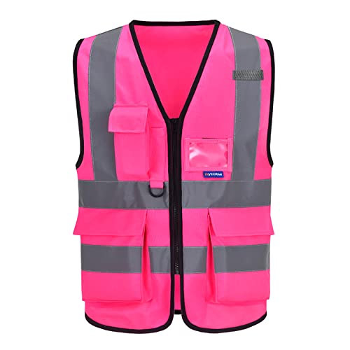 A-SAFETY Pink Safety Vest with Pockets Hi Viz Zipper Front Working Safety Vest with Reflective Strips, Multiple Colors Available,Large - color: Pink, size: Large