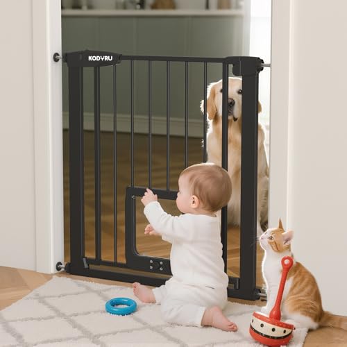 30 Inch Tall Dog Gate with Cat Door, Adjustable Width (29.7-45.2 Inches) for Doorways, Hallways & Stairs, Pressure-Mounted Walk-Through Dog Gate with Auto-Close & Double Lock Safety（Black） - color: Black, size: Wide (29.7-45.2 Inches)