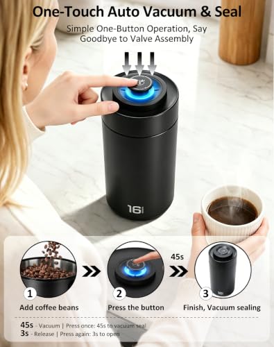 ROTTOGOON Auto Vacuum Coffee Canister, Rechargeable Airtight Coffee Container with 304 Stainless Steel Inner, Scoop, Sealed Coffee Bean Storage Container for Ground Coffee, Tea, Food, 16OZ/ 1.3L - size: 1.3L/16OZ