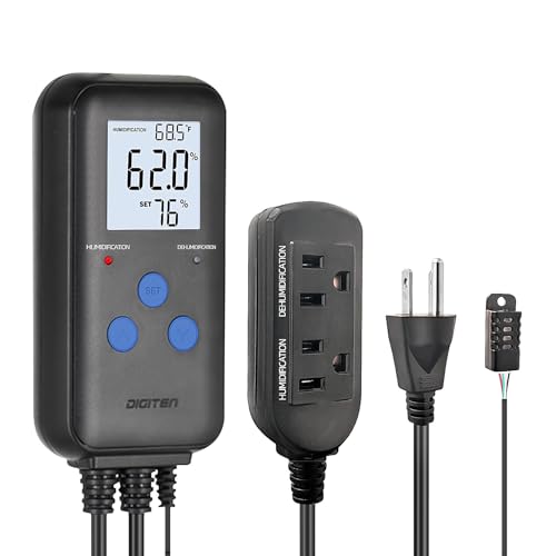 DIGITEN Humidity Controller Pre-Wired Digital Humidistat with Temperature Display, Dual-Stage Outlet Humidifier /Dehumidifier for Mushroom,Reptile, Greenhouse, Fan, Grow Tent