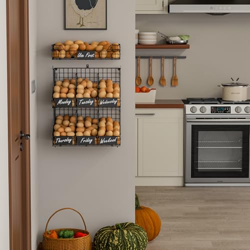X-cosrack Egg Holder Countertop, 3 Tier Egg Rack with Labels Dividers to Separate Eggs, Stackable Wire Baskets for Fresh Egg, XXL Egg Dispenser for Countertop/Wall-Mounted (Patent Pending) - color: Black