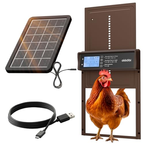 Okkobi Automatic Chicken Coop Door Solar Powered - LCD Display - Light Sensor & Timer - Security & Peace of Mind: Anti-Pinch Function - 5-Year Protection - Dark Brown - color: Dark Brown